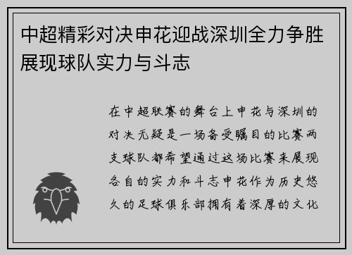 中超精彩对决申花迎战深圳全力争胜展现球队实力与斗志