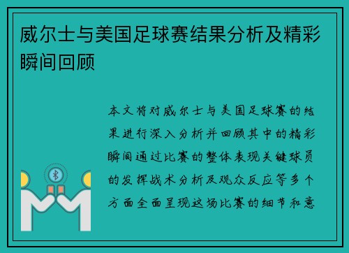 威尔士与美国足球赛结果分析及精彩瞬间回顾